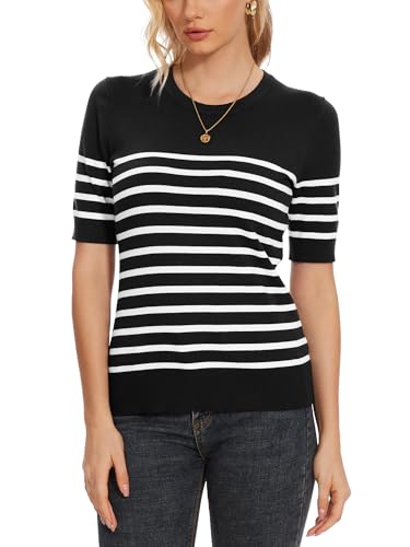 Image of Spicy Sandia Women's Short Sleeve Sweater Casual Knit Pullover Top for Summer Lightweight Black and White Striped 2XL