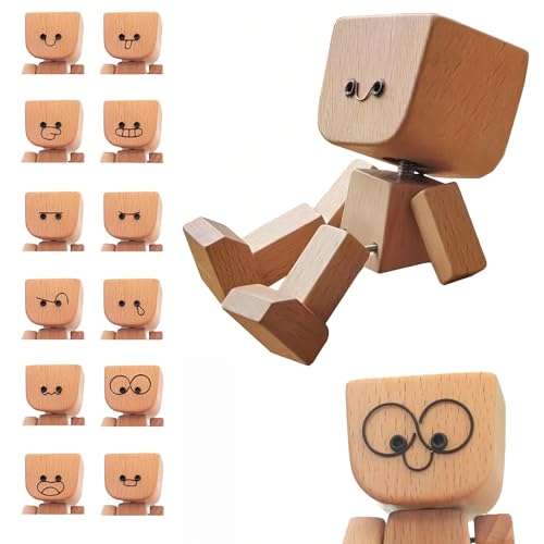 Tarange Figurine De Petit Bonhomme en Bois Qui Secoue Les Pieds, Figurine Amusante Bonhomme De Bois Secoue Les Pieds en avec 12 Emojis Magnétiques, pour Ornements Décoratifs Voitures (A)