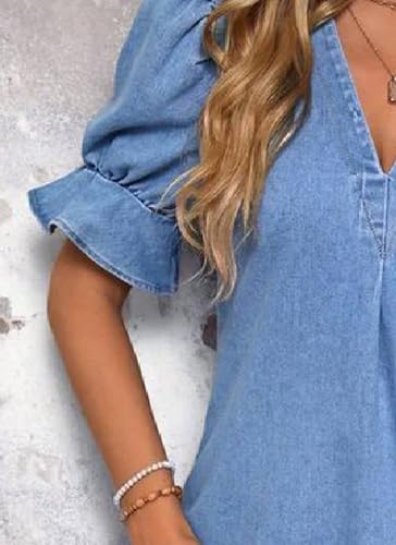 Women's Short Puff Sleeve Ruffle Denim Blouse Notched V Neck Jean Shirts Tunic Tops Slim Plain Pullover 2025 Summer3