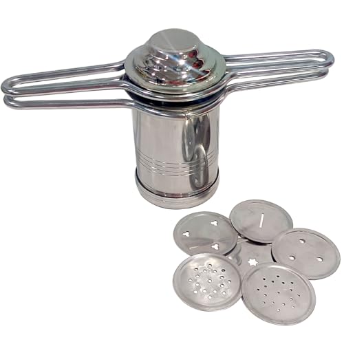 SRIYUG Kitchen Dough Press Dab sev Sancha Stainless Steel Press Sev Sancha Machine Press Murukku Maker Traditional Sorya Idiyappam Maker with 6 Jali, Medium, Silver, SY00149