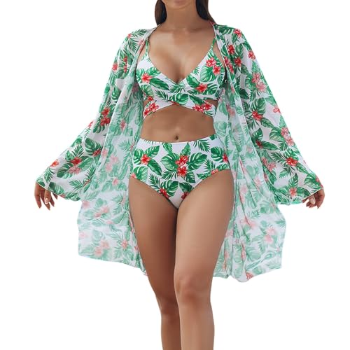 MODSGUE Bikini para mujer, juego de bikini de 3 piezas, bikini sexy push up, cintura alta, triángulo, control del abdomen, cómodo y deportivo, conjunto de bikini con blusa de bufanda para mujer,