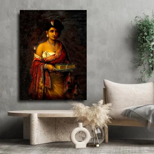 Image of Sikhash Raja Ravi Varma Canvas Painting | The Maharani of Travancore | Classical Indian Vintage Portrait Famous Artist Painting for Living Room, Bedroom 35X26 Inches Unframed.