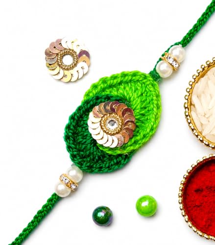 Image of Designer Sequin Crochet Rakhi For Brother Men Boys | Handcrafted With Soft Thread | Sequin Rakhi For Men Brother Boys | Green Colour | Buy 2 Save 20% | Buy 3 Save 30%