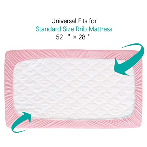 Image of Crib Mattress Protector Sheets Fitted Waterproof Crib Mattress Pad Cover | Quilted Improved Thickness Machine Washable Noiseless 52 inch x 28 inch Pink Fit for Standard Crib Toddler Bed Mattress up to 9 inch