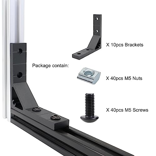 Image of 10 Set 78x78mm 2020 Aluminum Extrusion T Slot Corner Bracket 20 Series Extruded Hardware 90 Degree Right Angle Connector with M5 Bolts Nuts for 20 /20 80 20 2040 T V Slot Black Aluminum Profile