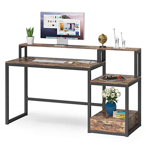 Tribesigns Escritorio de Computadora, Mesa de Ordenador con cajón, estantes, Soporte para Monitor, Industrial Mesa de Estudio para Oficina en Casa