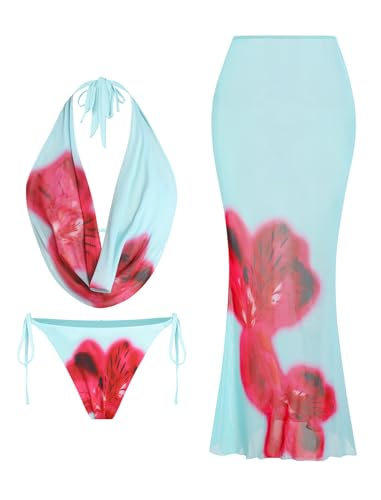 Image of ZAFUL Women's 3 Piece Floral Swimsuit Draped Neck Halter Bikini Tie Side Bathing Suit with Sheer Cover Up Skirt