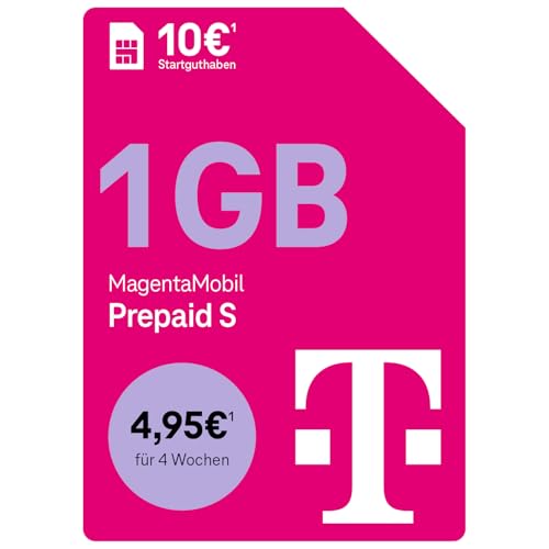 Deutsche Telekom MagentaMobil Prepaid S mit 1 GB Highspeed-Volumen I Surfen mit 5G/ LTE Max & Flat ins Mobilfunknetz (Min. SMS) + 50 Freiminuten in alle Anderen dt. Netze I 10 EUR Startguthaben