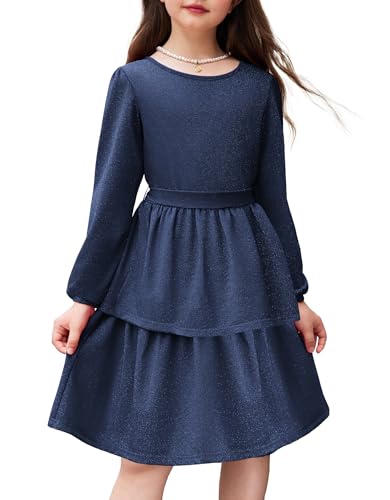 Arshiner Girls Dress Fall Sparkly Glitter Puff Sleeves Layer Party Dresses with Belt