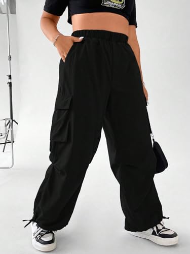 OYOANGLE Women's Plus Size Elastic High Waist Flap Pocket Cargo Pants Streetwear Loose Baggy Trousers with Pocket4