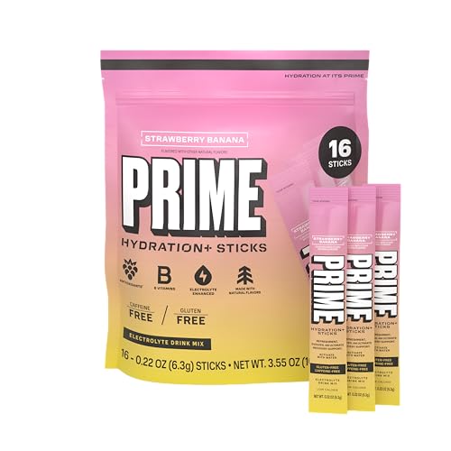 PRIME HYDRATION+ Electrolyte Powder Sticks Strawberry Banana Sugar Free Hydration Drink Mix with Potassium Magnesium & B Vitamins to Replenish Fluids Caffeine Free 16 Count
