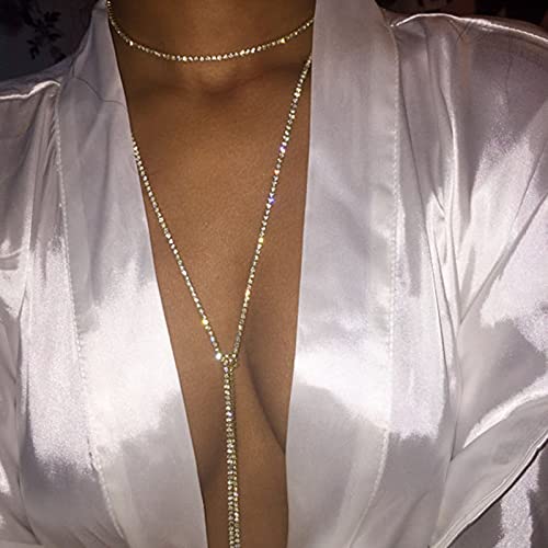 Lirgoriy Boho Silver Necklace Rhinestone Tassel Necklace Sexy Crystal Long Choker Necklaces Accessories for Women Body Jewelry Nightclub Party (Silver2)