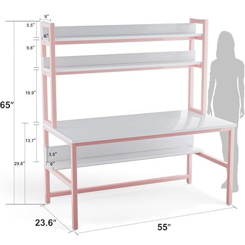 Image of Aquzee Pink Desk with Shelves, Computer Desk with Hutch, 55 Inch