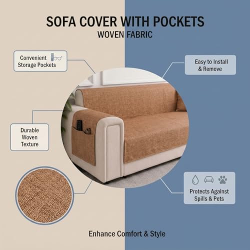 Image of STITCHNEST 'ComfyNest Series' 3 Seater Sofa Cover | Full Coverage with Armrest Pocket | Elegant Jute Fabric, Washable & Durable for Modern Living