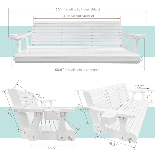 Wooden Porch Swing 3-Seater, Bench Swing with Cupholders, Hanging Chains and 7mm Springs, Heavy Duty 880 LBS, for Outdoor Patio Garden Yard (White, 5 FT Regular)