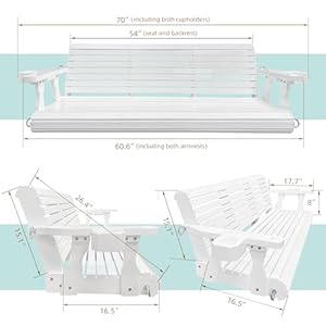 Wooden Porch Swing 3 Seater Bench Swing with Cupholders Hanging Chains and 7mm Springs Heavy Duty 880 LBS for Outdoor Patio Garden Yard High Gloss White 5 feet