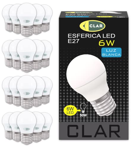 CLAR - Bombilla LED E27 Pequeña 6W E27, Bombilla Bajo Consumo, E27 Bombilla LED (Casquillo Gordo), No Regulable, 6W Luz Neutra 4000ºK (Pack 20)