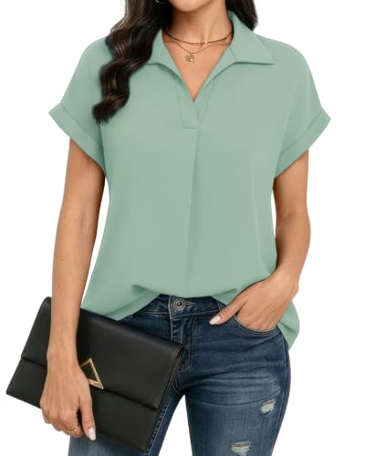 Askyes Women's V Neck Summer Casual Short Sleeve Chiffon Blouses Office Work Dress Tops Business Shirts Light Green L