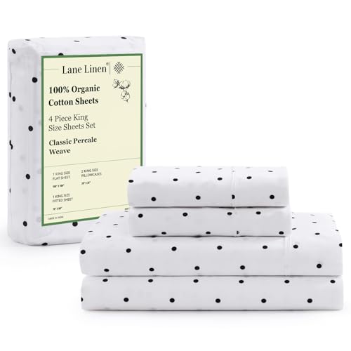 LANE LINEN 100% Organic Cotton Printed King Size Bed Sheets Machine Washable Fully Elasticized Low Pill Fade Resistant Cotton Sheets, Soft & Comfy Percale Eco Friendly sábanas King- Black Polka Dot