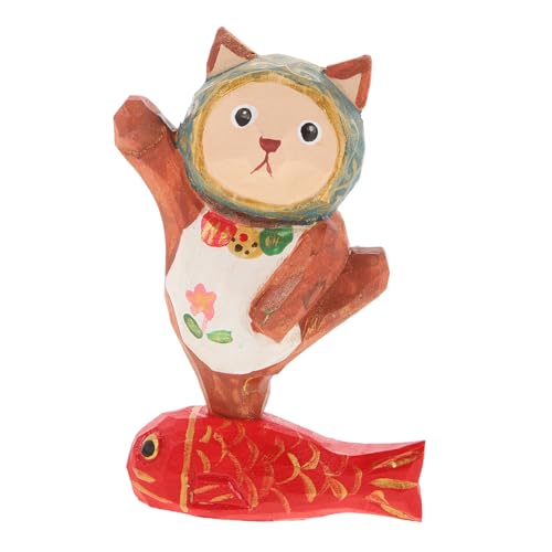 Mobestech Artesanía De Madera Figura Tallada Gato y Pez Creativa Pequeña para Decoración De Escritorio y Hogar, Estatua Animal Madera para Obsequio Infantil y Adorno Mesa