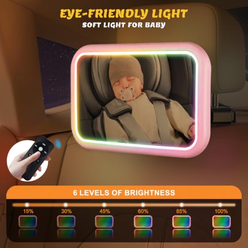 Image of Baby Car Mirror with Light, Pink | 7 RGB Light Rear Facing Car Seat Mirror for Baby with Remote Control Rechargeable 360 Rotation Hook Clip Design Wide View