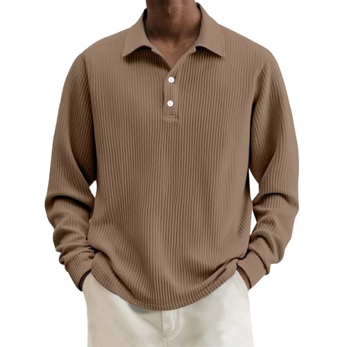DENGJIAMY - Polo acanalado para hombre, camiseta Tredny a rayas verticales, manga larga, vestido de negocios, camisas de golf, camisetas clásicas de talla grande para hombre, café, 4XL