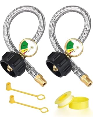 15-Inch RV Propane Tank Hose with Gauge, Stainless Steel Camper Propane Hose for RV 2-Stage Regulator, 1/4 Male NPT & QCC 1 Fittings, 350PSI, 2 Pack