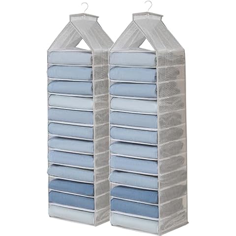 AARAINBOW 2 Packs Yoga Legging Storage Organizer Hanging, Closet Hanging Shelf Short Clothes Storage Shelf, 12 Shelves Foldable Hanging Closet Organizer for T-Shirt, Towel (2 Gray) Cover