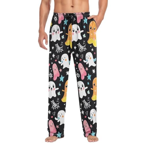 Men’s Halloween Cartoon Ghosts Pajama Pants with Pockets, Comfortable Lounge Sleep Bottoms#1813