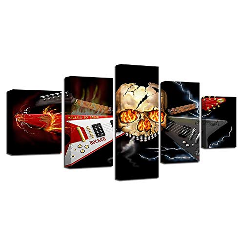 Impression sur toile crâne et guitare - Tableau modulaire HD 5 pièces pour décoration murale