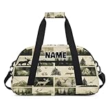 Personalized Gym Dance Bag with Name, Camo Green Deer Mountain Tree Custom Cheerleading Duffel Bag Travel Weekender Overnight Carry On Sleepover Bag