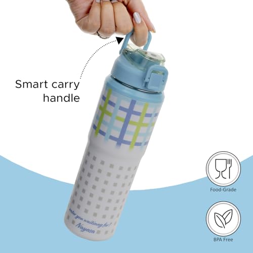 Image of Nayasa Duo-Sip Water Bottle - 730ml | Checkered Design | BPA-Free, Dual Sip Modes | Leak-Proof, Insulated Steel Inner | Great for School, College, Work, Sports | Sky Blue