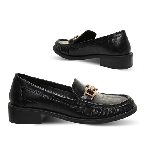 TARYN ROSE Korrin Women’s Croco Embossed Loafers with Gold Bit...