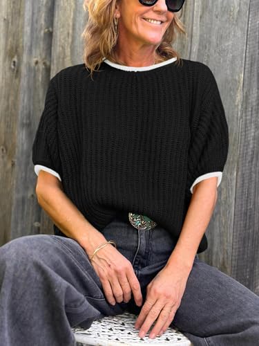 Image of Saodimallsu Womens Puff Short Sleeve Sweater Tops Spring Summer Color Block Ribbed Knit Crew Neck Going Out Shirts