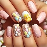 Lot de 24 faux ongles de Pâques à coller - Courts carrés - Forme d'œuf de poulet - En acrylique brillant - Pour femme