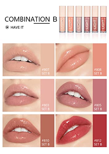 Bangfeng 6Pcs Lip Oil Light Lipgloss Set, Moisturizing Hydrating Lip Glow Oil Lip Gloss Kit High Shine Lip Plumping Glass Finish Lip Gloss Liquid Lipstick For Women (Set B) #TOP1