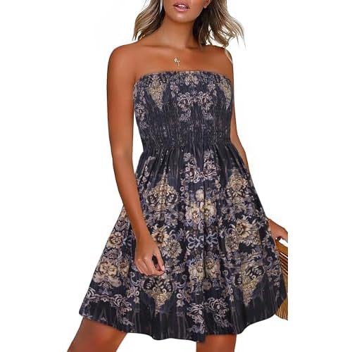 CHICGAL Summer Dresses for Women Beach Cover Ups Strapless Boho Floral Print Sundress Small Black Gray Boho Print
