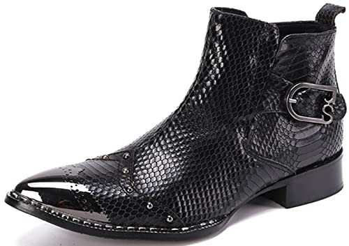 Santimon Mens Black Dress Ankle Chelsea Boots with Studded Metal Pointed Toe – Genuine Leather Punk Gothic Rock Buckle Western Boots for Disco Stage Party
