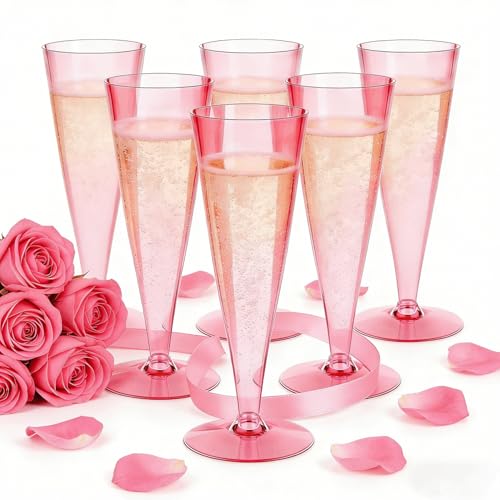 Lazyshine 40 Pack Pink Plastic Champagne Flutes Disposable Wine Glasses 4.5 Oz Clear Mimosa Cocktail Toasting Cups Bulk for 2026 Back to School Party Supplies Wedding Bride Womens Day Decor