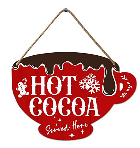 Hot Cocoa Served Here Sign - Wooden Cup Sign, Retro Bar Decor, Coffee Shop Accessories, Wall Decorations for Home Kitchen Farmhouse Christmas, 6.8 x 4.7 Inches