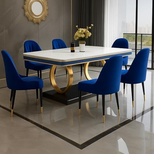 Image of 6-Seater Dining Table with Nano Composite Marble Top and PVC Golden Wooden Base |2yr Warranty - Includes 6 Fabric Upholstered Chairs (Blue, White Nano Composite Marble Top)