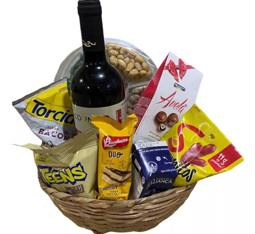 Kit Cesta De Aniversário Vinho Luxo Aperitivos Presente Amigos Lembranca