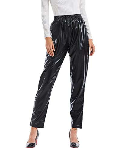 Attraco Damen Lederhose Hohe Taille Kunstlederhose Blickdicht PU Leder Hose Elastische Bund Schwarz M Cover