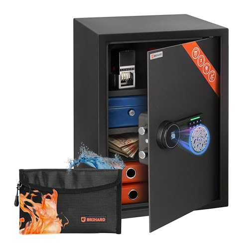 Brihard Business XL Caja Fuerte Biométrica 50x35x36cm con Ignífuga Bolsa, Apertura con Huella Dactilar con 2 Estantes Ajustables, Almacenamiento Seguro 60L para Documentos A4 y Dinero