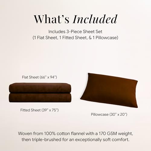 Image of Tribeca Living Triple Brushed Soft Cotton Flannel Sheets Set, Twin Size 170-GSM Weight Extra Deep Pocket Sheet in Solid Chocolate Color