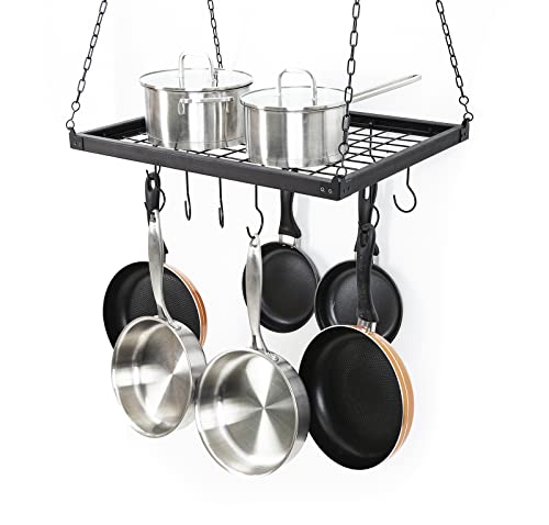 Soduku Pot Pan Rack With Shelf Grid, Ceiling Mounted Hanging Multi-Purpose Wood & Metal Cookware Hanger Organizer Kitchen Storage With 10 Hooks Espresso #TOP4