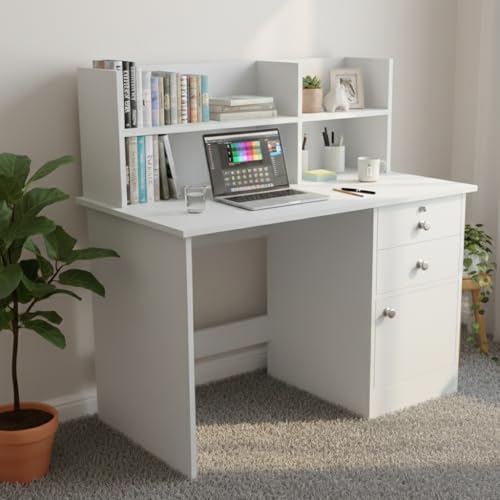 Image of Nityam Multipurpose Computer Table with Drawer | Study Table with Book Shelf for Student |Office Table for Work Home (Color-White)