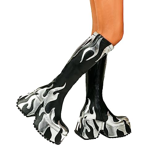 HiColor women’s side zipper high heeled Flames Printing Chunky sole boots tall boots round toe boots3
