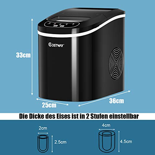 COSTWAY Eiswürfelmaschine 12KG/24H, Ice Maker 9 Eiswürfel in 6-13min, Eismaschine 2,2L Wassertank, Eiswürfelbereiter 2 Eiswürfelgrößen inkl. Schaufel, 25x36x33cm (Schwarz) – Bild 8