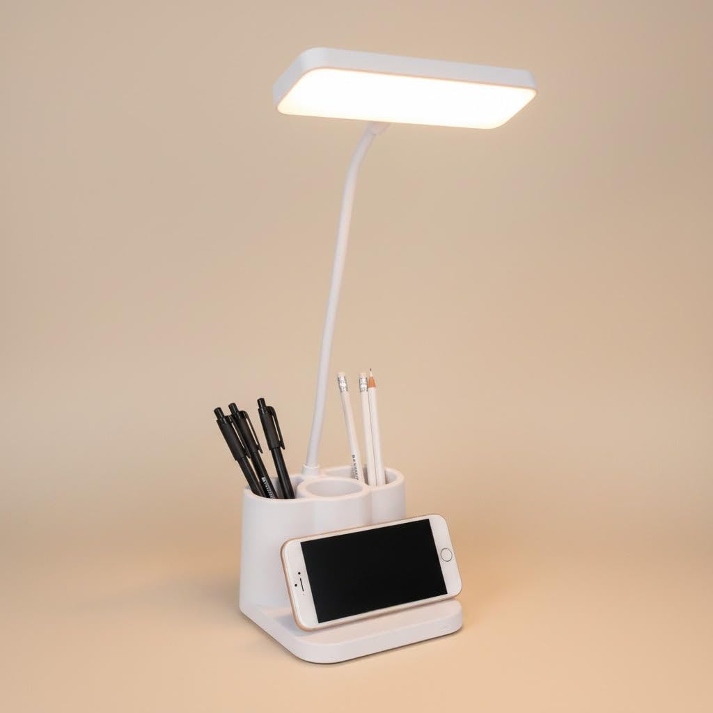 AMOKRI Rechargeable LED Study Table Lamp with Phone Holder | Portable Desk Lamp for Students, Bedroom & Study | Eye-Care Light, Night & Ambient Table Lamp